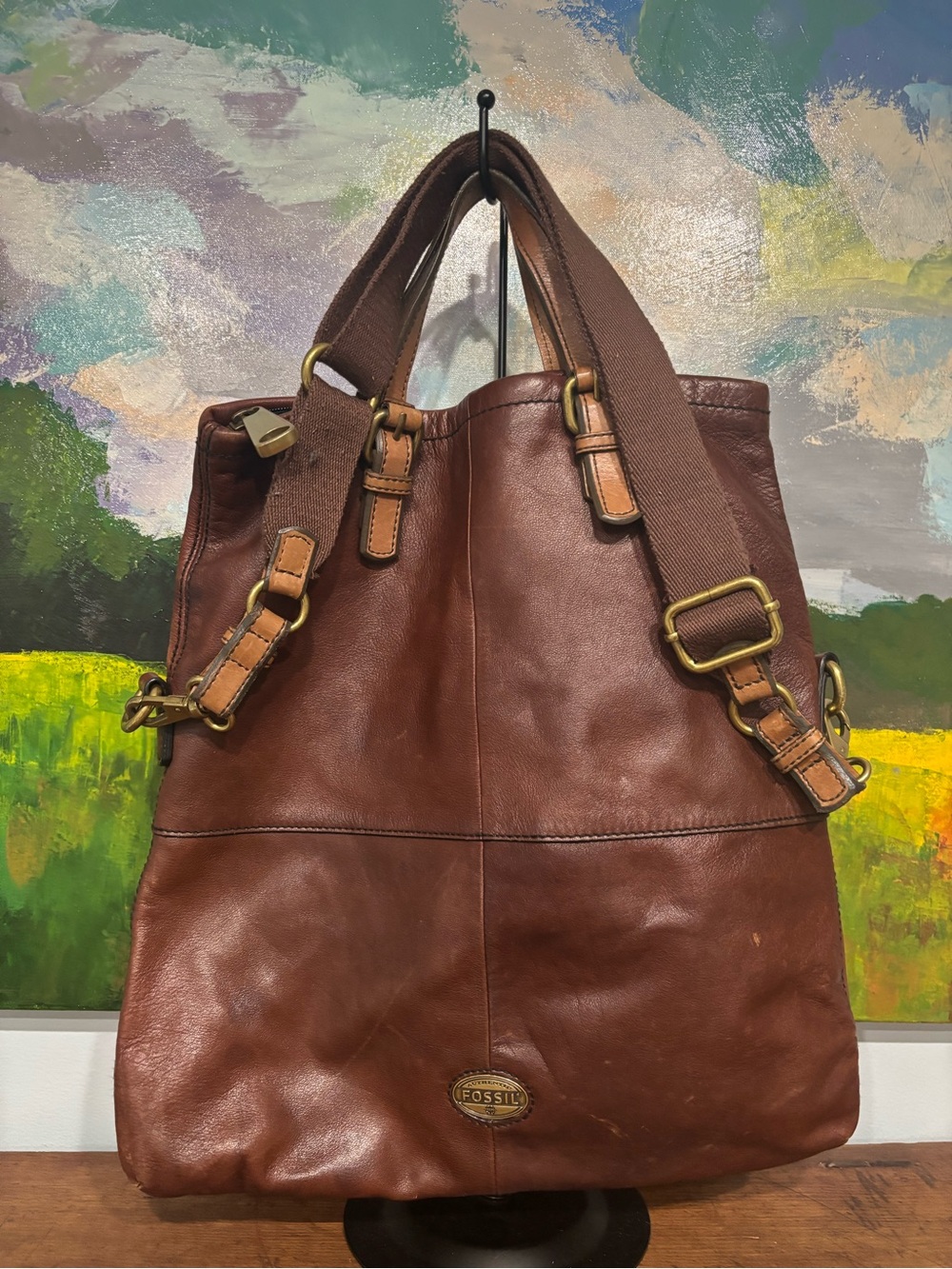 Fossil Explorer XL Brown Leather Fold Over Tote Shoulder Bag with brass hdwre
